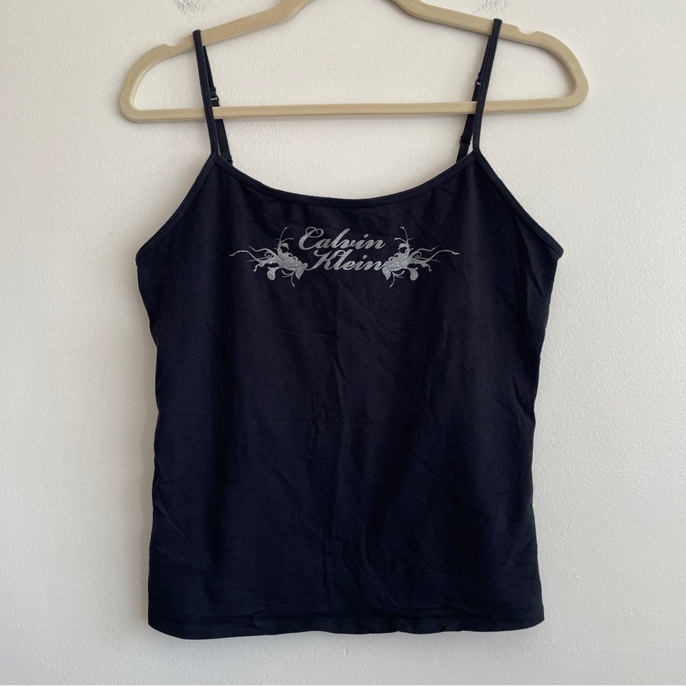 Y2K Logo Tank Top Cami Baby Tee Calvin Klein spell out glitter women large Crop